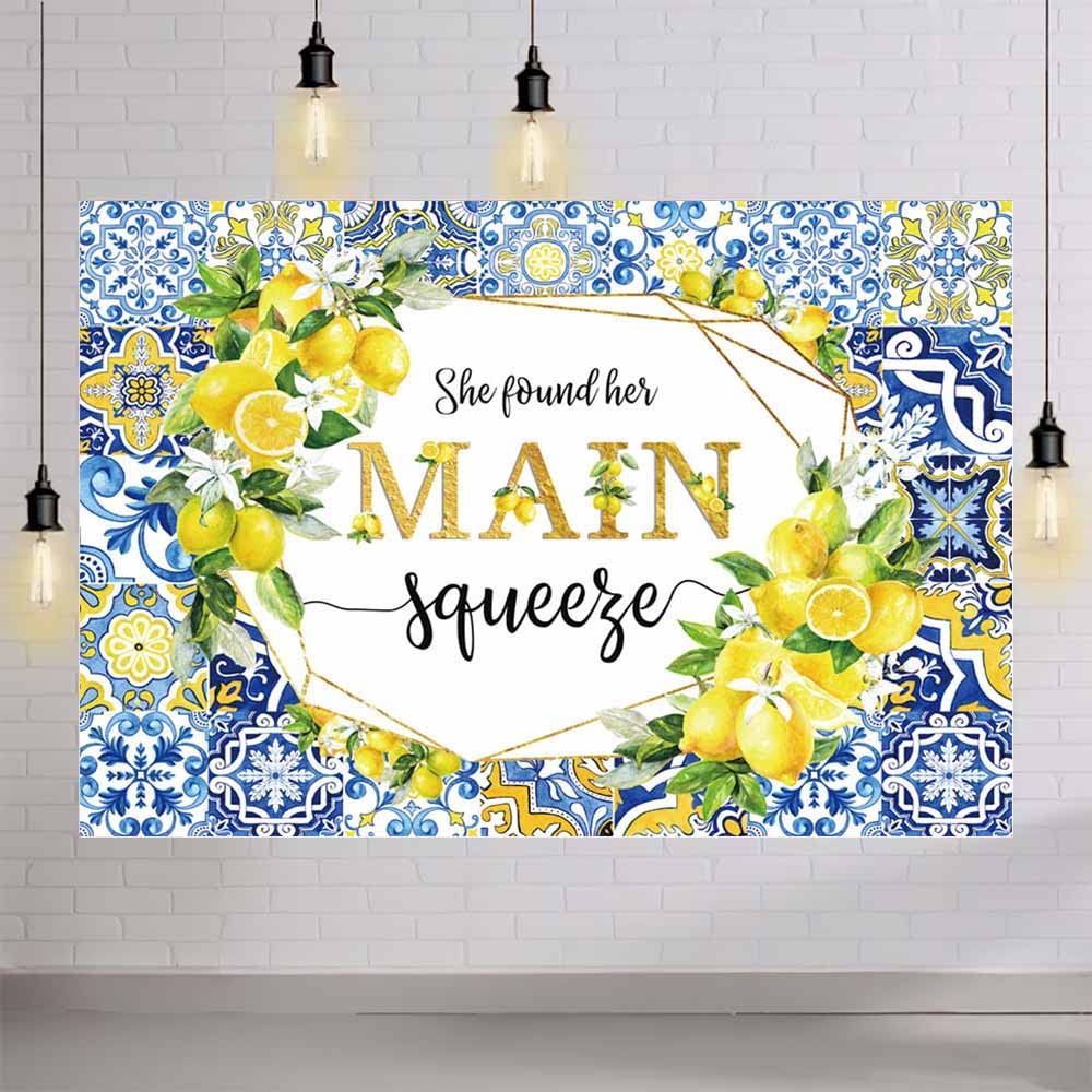 AIBIIN 7x5ft Lemon Bridal Shower Backdrop She Found Her Main Squeeze Engagement Party Photography Background Blue Tile Floral Print Decoration Bachelorette Bride To Be Wedding Photoshoot Prop Supplies