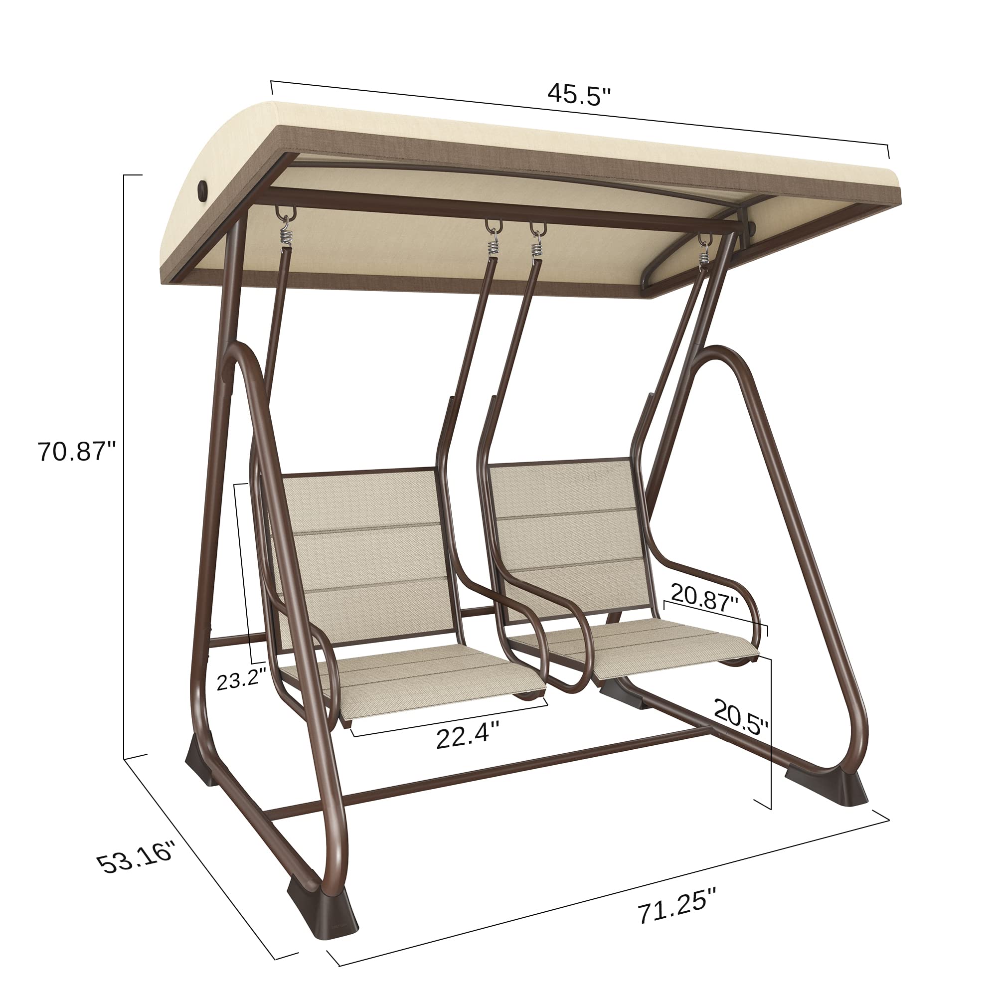 EAST OAK 2-Person Outdoor Patio Swing Chair with Adjustable Canopy, Porch Swing with Comfortable and Breathable Seats, Independent Swing Chairs for Garden, Balcony, Backyard, Chestnut Brown