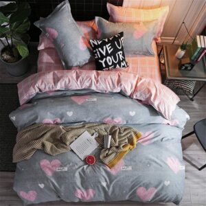 Koudi Kids Girls Duvet Cover Set Full Pink/Grey Reversible Soft Microfiber Bedding Set Sweet Heart and Pink White Plaid Bedroom Comforter Cover for Teen Girls 3pcs