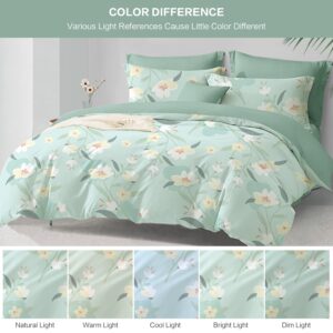 SAPHREAS Green Bedding Comforter Cover Set with Fitted Sheet 4pcs King Size 100% Cotton Classic White Flower Comforter Cover Set 1 Duvet Cover 2 Pillow Shams 1 Fitted Sheet