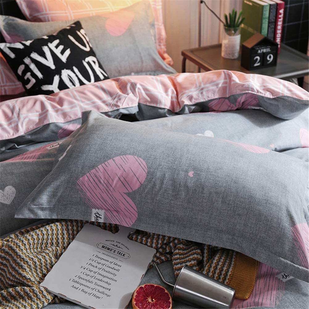 Koudi Kids Girls Duvet Cover Set Full Pink/Grey Reversible Soft Microfiber Bedding Set Sweet Heart and Pink White Plaid Bedroom Comforter Cover for Teen Girls 3pcs