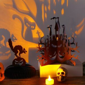 9 Pieces Halloween Honeycomb Centerpiece Happy Halloween Paper Fans Decoration Skull Ghost Pumpkin Witch Bat Cat Birdcage Candlelight 3D Black Silhouette Table Centerpiece for Party Favor Supplies