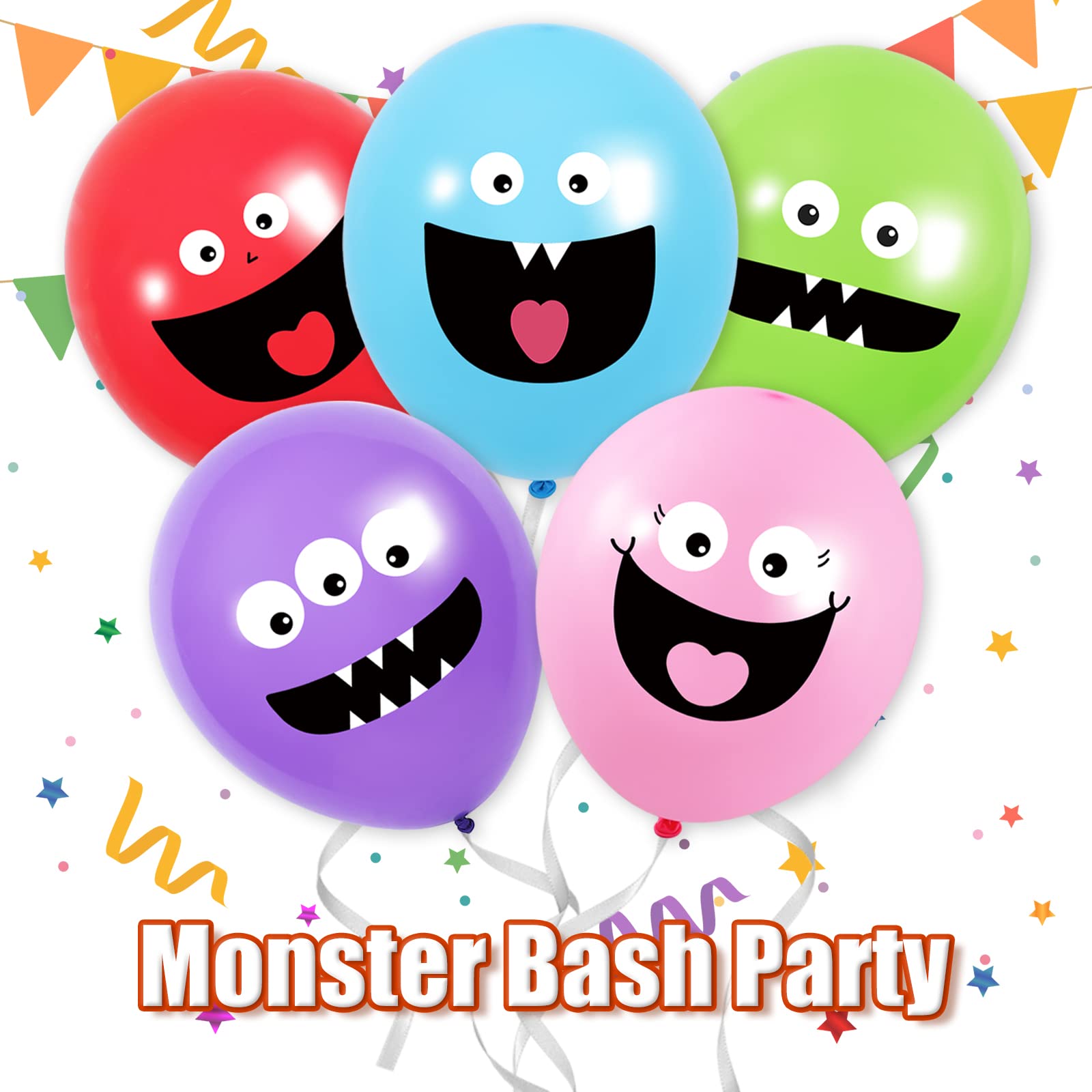 AnyDesign 65pcs Monster Bash Latex Balloons, 12inch, 5 Designs, Blue, Green, Pink, Purple, Red, Boys/Girls Birthday Party Supplies, Baby Shower Decorations