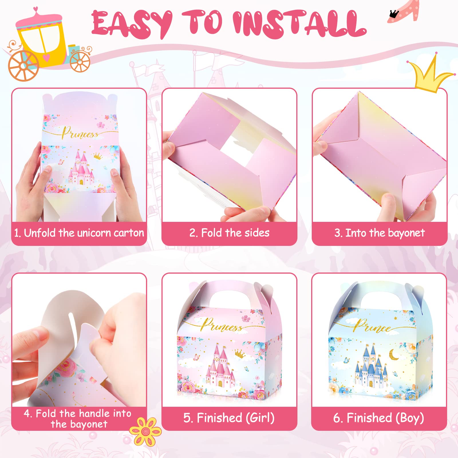 Princess and Prince Treat Boxes Pink Princess Boxes Blue Prince Castle Gift Boxes Little Princess Crown Goodie Boxes Royal Prince Cardboard Boxes for Boy Girl Birthday (Prince and Princess, 24 Pcs)