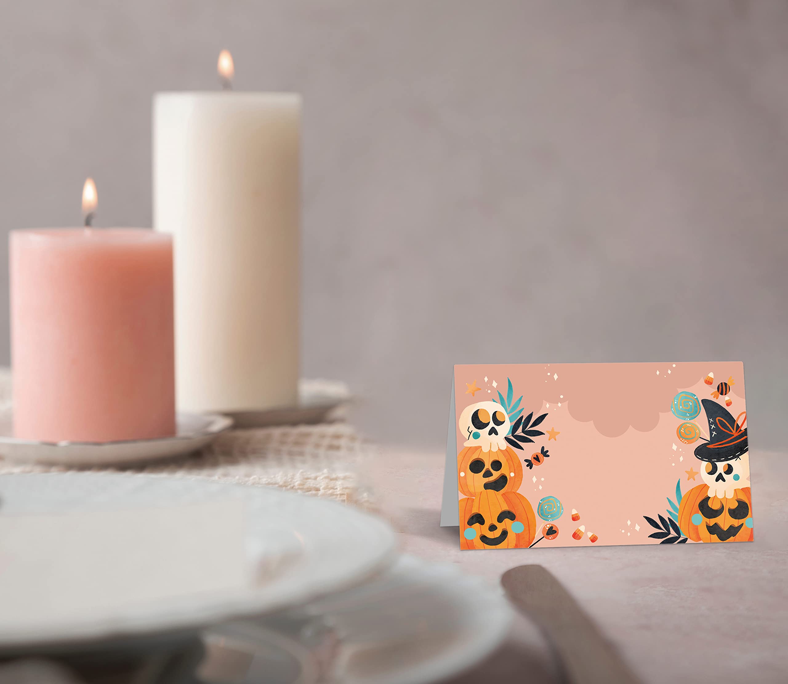 Halloween Table Place Cards, Blank Seating Place Card for Table, 25 Pack Buffet Food Tent Labels, Double Design Name Cards, Scored for Easy Folding, Halloween/Thanksgiving Party Decorations(06)