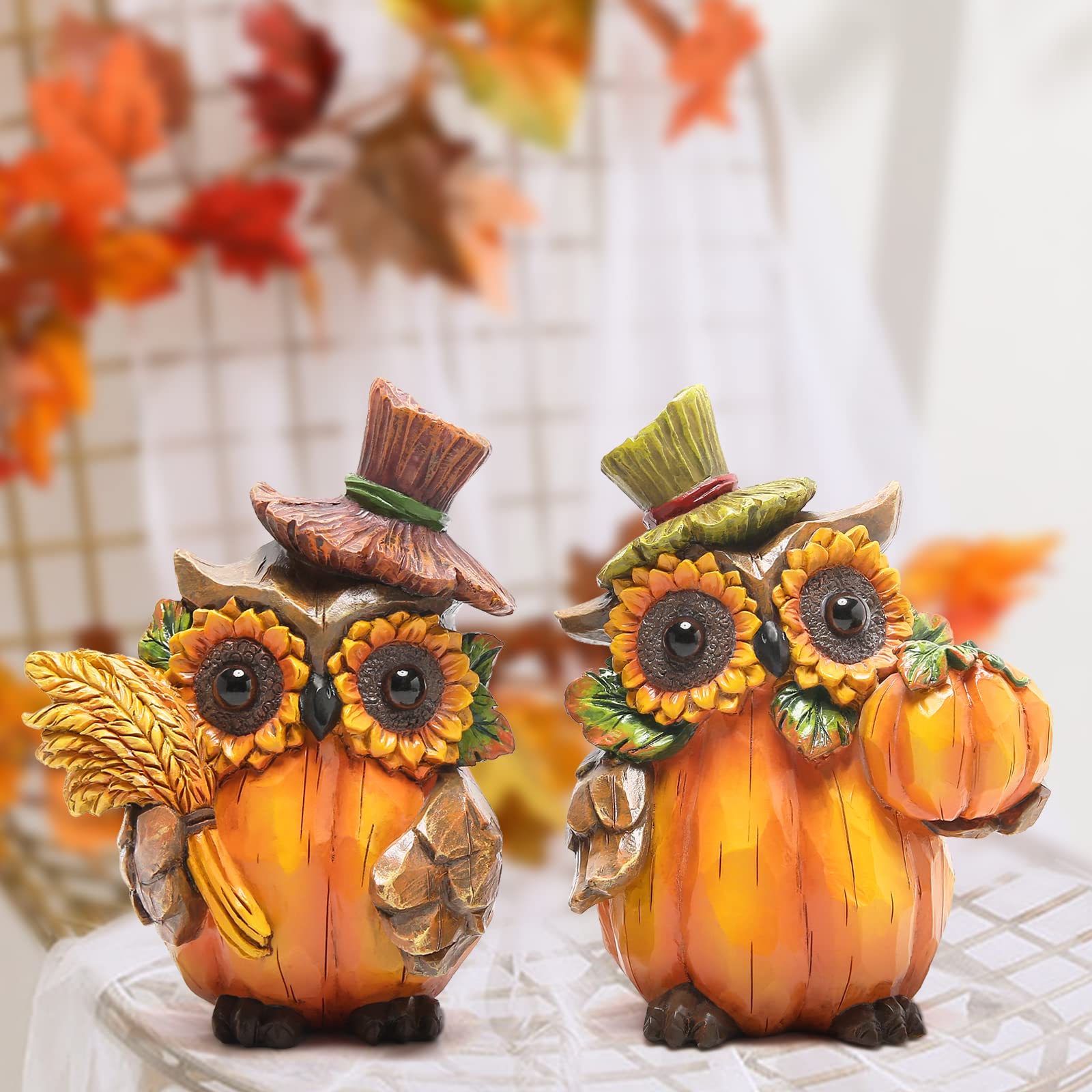 Hodao Owl Sculpture - Resin Thanksgiving Decor, Handmade Fall Centerpiece in Country Style, Unique Patented Design, 5.5 inches Tall