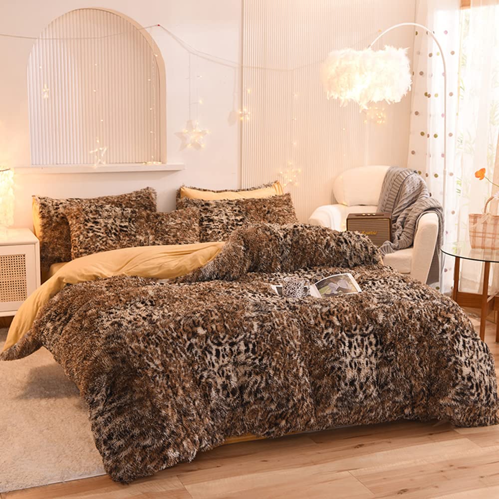 Mengersi Leopard Print Duvet Cover Set Shaggy Fluffy Duvet Cover Set,Luxury Ultra Soft Crystal Velvet Duvet Cover,Faux Fur Quilt Cover with Pillow Shams,Zipper Closure Queen Size