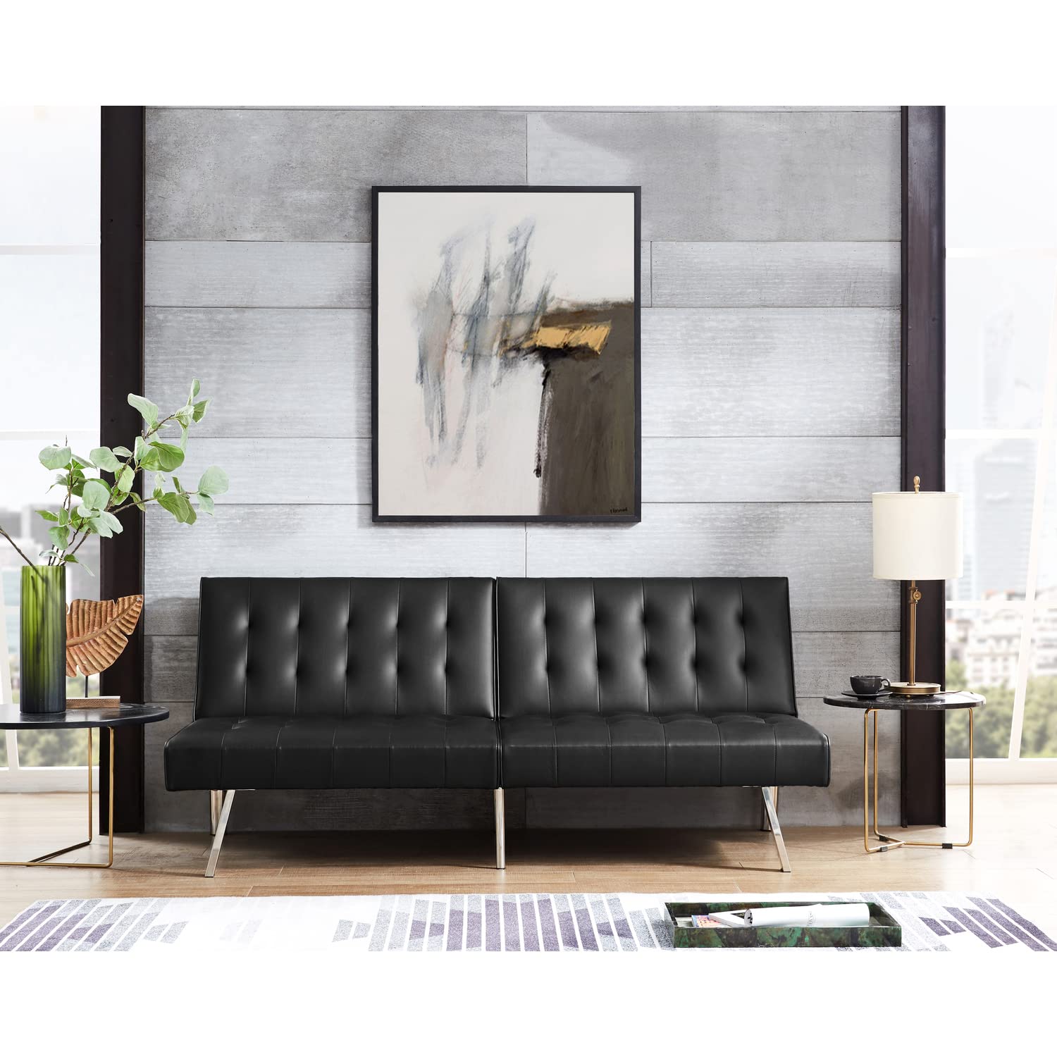 Naomi Home Black Futon Sofa Bed, Linen Futon Couch, Split Back Sofa Bed Couch with Metal Legs, Reclining Small Couch Bed, Pull Out Sofa Bed, Folding Black Couches for Living Room