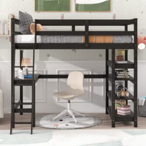 Bellemave Twin Loft Bed with Desk & Shelves for Teens Adults, Wood High Loft Bed Frame with Bookcase & Angle Ladder for Kids Boys Girls, Full-Length Guardrail, Twin Size, Espresso