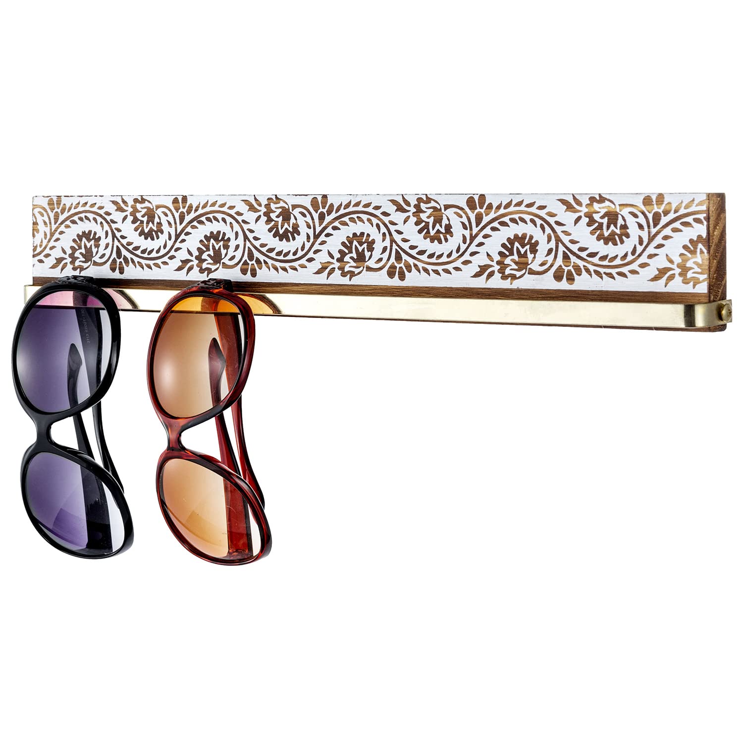 MyGift Wall Mounted Brass Tone Metal Sunglass Holder Rack with Floral Pattern, Hanging Rail on Rustic Burnt Wood for Reading Glasse Sunglasses Eyewear Display