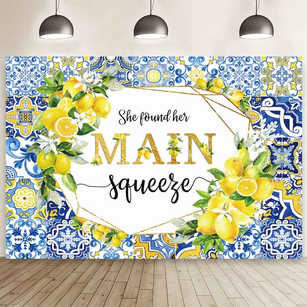 AIBIIN 7x5ft Lemon Bridal Shower Backdrop She Found Her Main Squeeze Engagement Party Photography Background Blue Tile Floral Print Decoration Bachelorette Bride To Be Wedding Photoshoot Prop Supplies