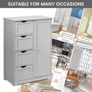 COSTWAY Bathroom Storage Cabinet, Wooden Freestanding Storage Cupboard Organizer with 4 Drawers & Adjustable Shelf, Modern Floor Cabinet for Living Room, Bathroom, Kitchen, Entryway (Grey)