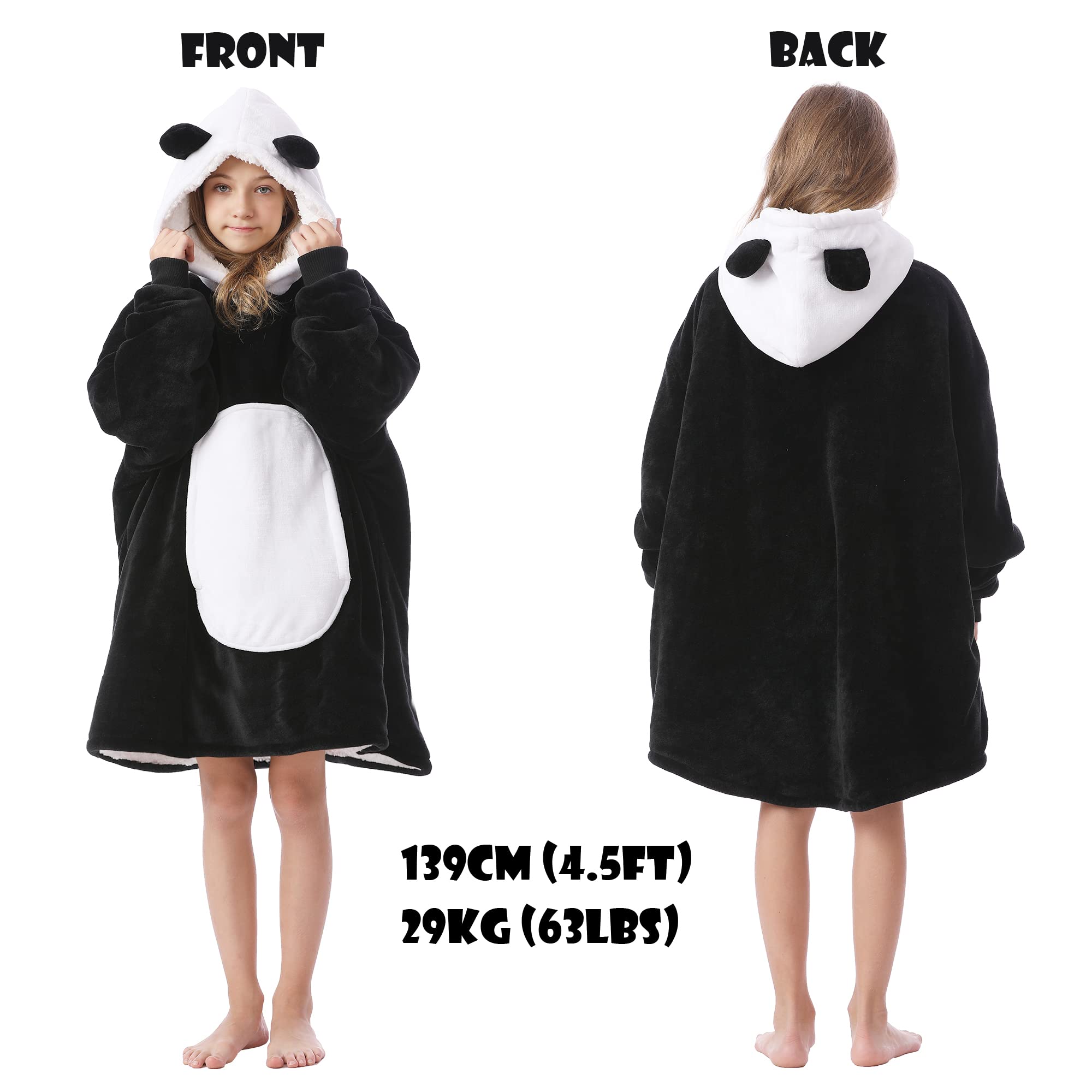 Kipswiza Blanket Hoodie for Kids Oversized Wearable Blanket Super Soft Warm Sherpa Fleece Blanket Sweatshirt for Boys Girls Children Gifts Black Panda