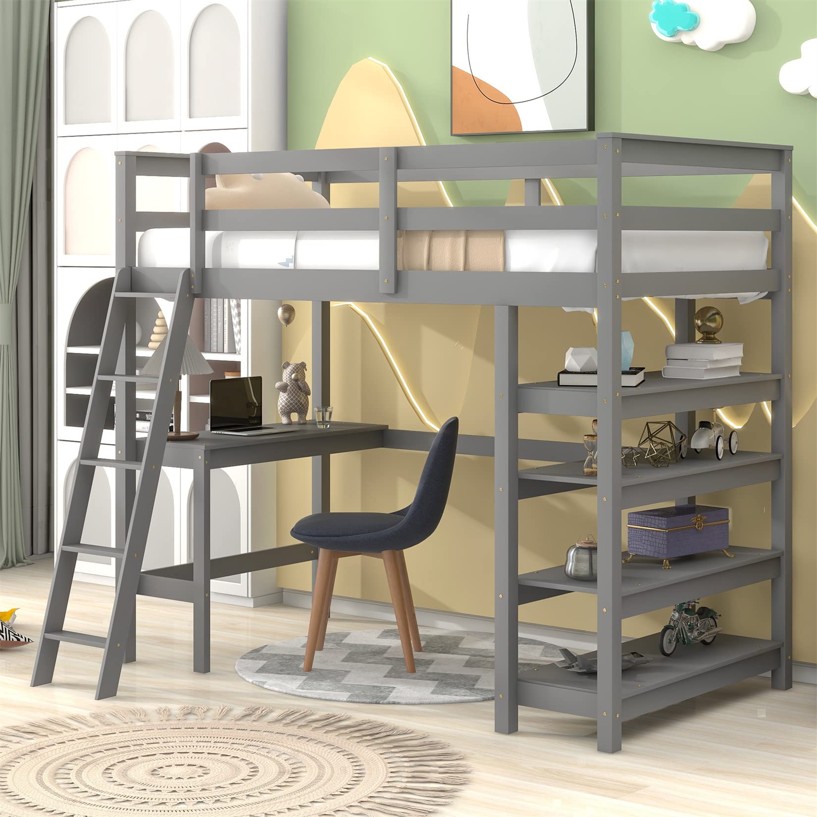 Bellemave Twin Loft Bed with Desk & Shelves for Teens Adults, Wood High Loft Bed Frame with Bookcase & Angle Ladder for Kids Boys Girls, Full-Length Guardrail, Twin Size, Gray