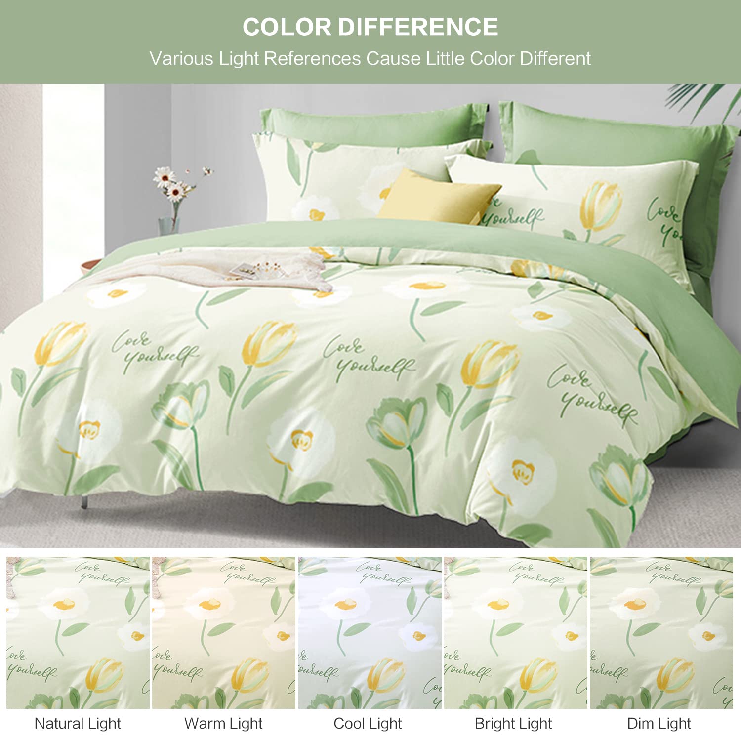 SAPHREAS Green Floral Tulip 4pcs Bedding Duvet Cover Set King Size 100% Cotton Spring Comforter Cover Set 1 Duvet Cover 2 Pillow Shams 1 Fitted Sheet