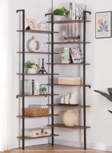 homissue corner bookshelf,12-tier l shaped bookshelf, double wide corner wall mount bookcase with metal frame and wood, modern industrial corner shelf for living room, kitchen, home office brown