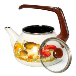 Enameled Aluminum Tea Kettle Mushrooms Enamel Kettle 2.3-qt. (2.2 L) Hot Water TeaKettle pot for Stovetop Teapot Ideal for Camping