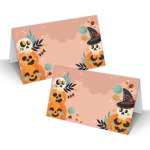 halloween table place cards, blank seating place card for table, 25 pack buffet food tent labels, double design name cards, scored for easy folding, halloween/thanksgiving party decorations(06)