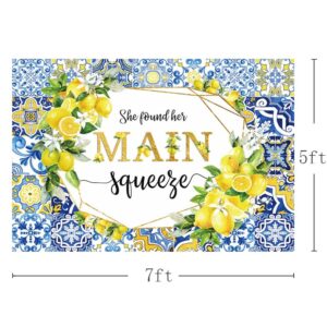 AIBIIN 7x5ft Lemon Bridal Shower Backdrop She Found Her Main Squeeze Engagement Party Photography Background Blue Tile Floral Print Decoration Bachelorette Bride To Be Wedding Photoshoot Prop Supplies