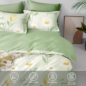 SAPHREAS Green Floral Tulip 4pcs Bedding Duvet Cover Set King Size 100% Cotton Spring Comforter Cover Set 1 Duvet Cover 2 Pillow Shams 1 Fitted Sheet