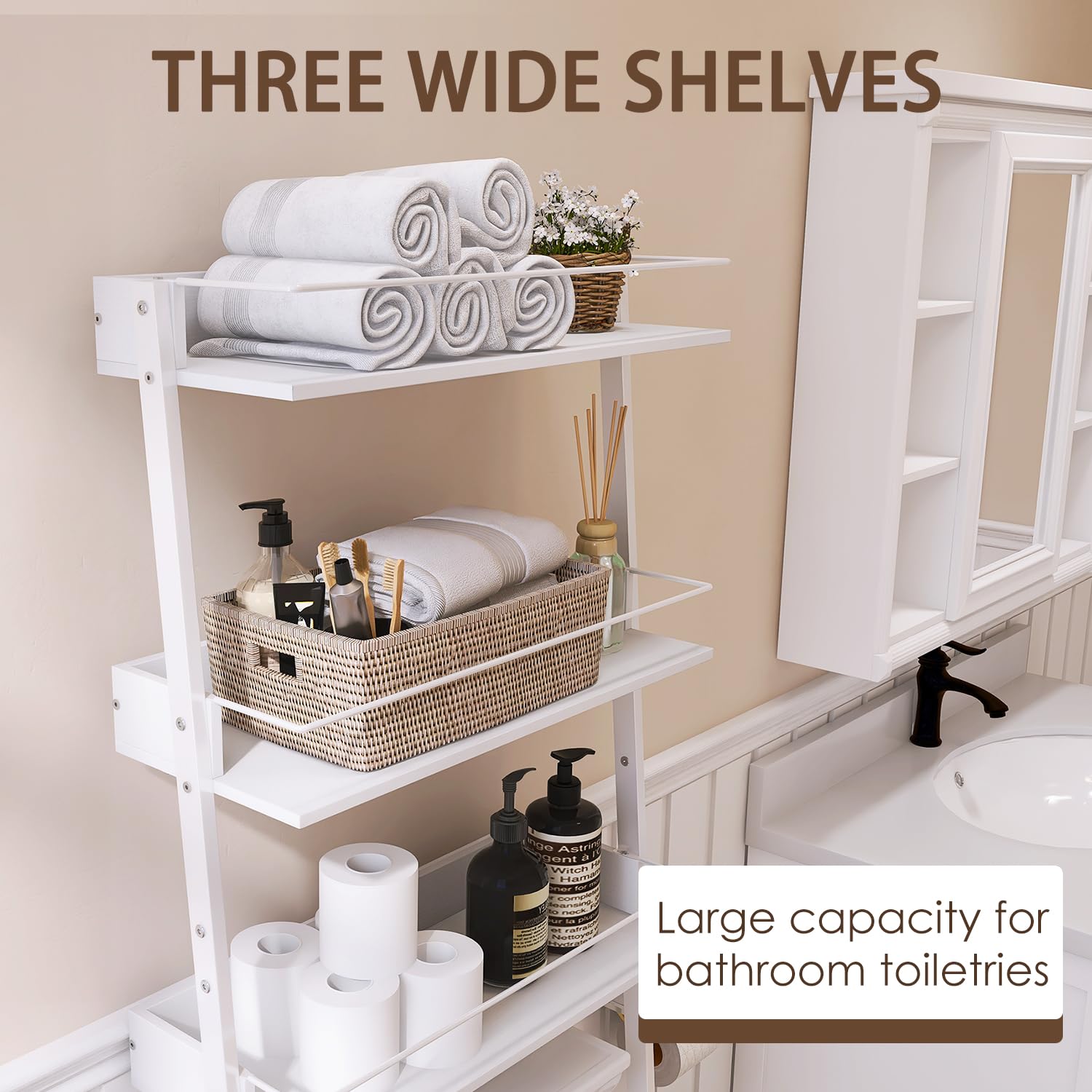 Three Capreolus 3-Tier Over The Toilet Storage, Bathroom Organizer with Safety Rails & Anti-Tilt Device, Wooden Multifunctional Space Saver, Bathroom Shelves Above Toilet, Ladder Shelf (White)