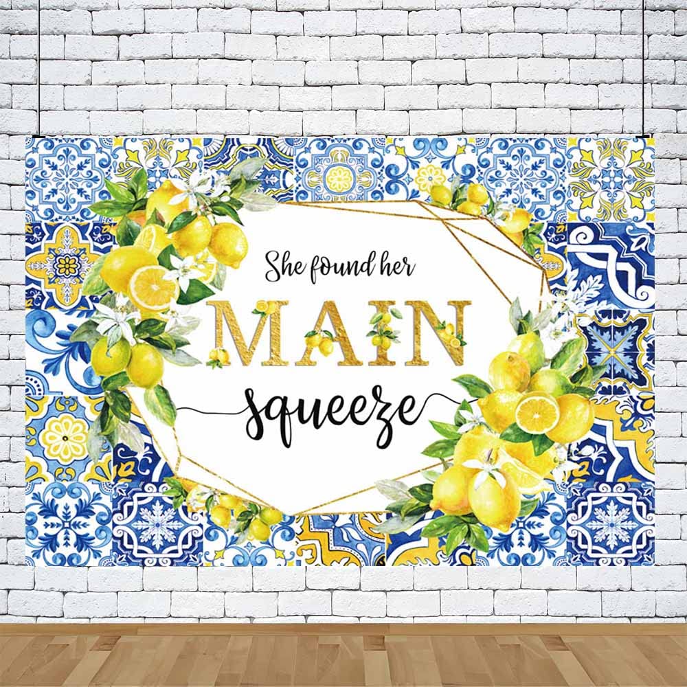 AIBIIN 7x5ft Lemon Bridal Shower Backdrop She Found Her Main Squeeze Engagement Party Photography Background Blue Tile Floral Print Decoration Bachelorette Bride To Be Wedding Photoshoot Prop Supplies