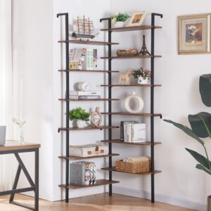 HOMISSUE Corner Bookshelf,12-Tier L Shaped Bookshelf, Double Wide Corner Wall Mount Bookcase with Metal Frame and Wood, Modern Industrial Corner Shelf for Living Room, Kitchen, Home Office Brown