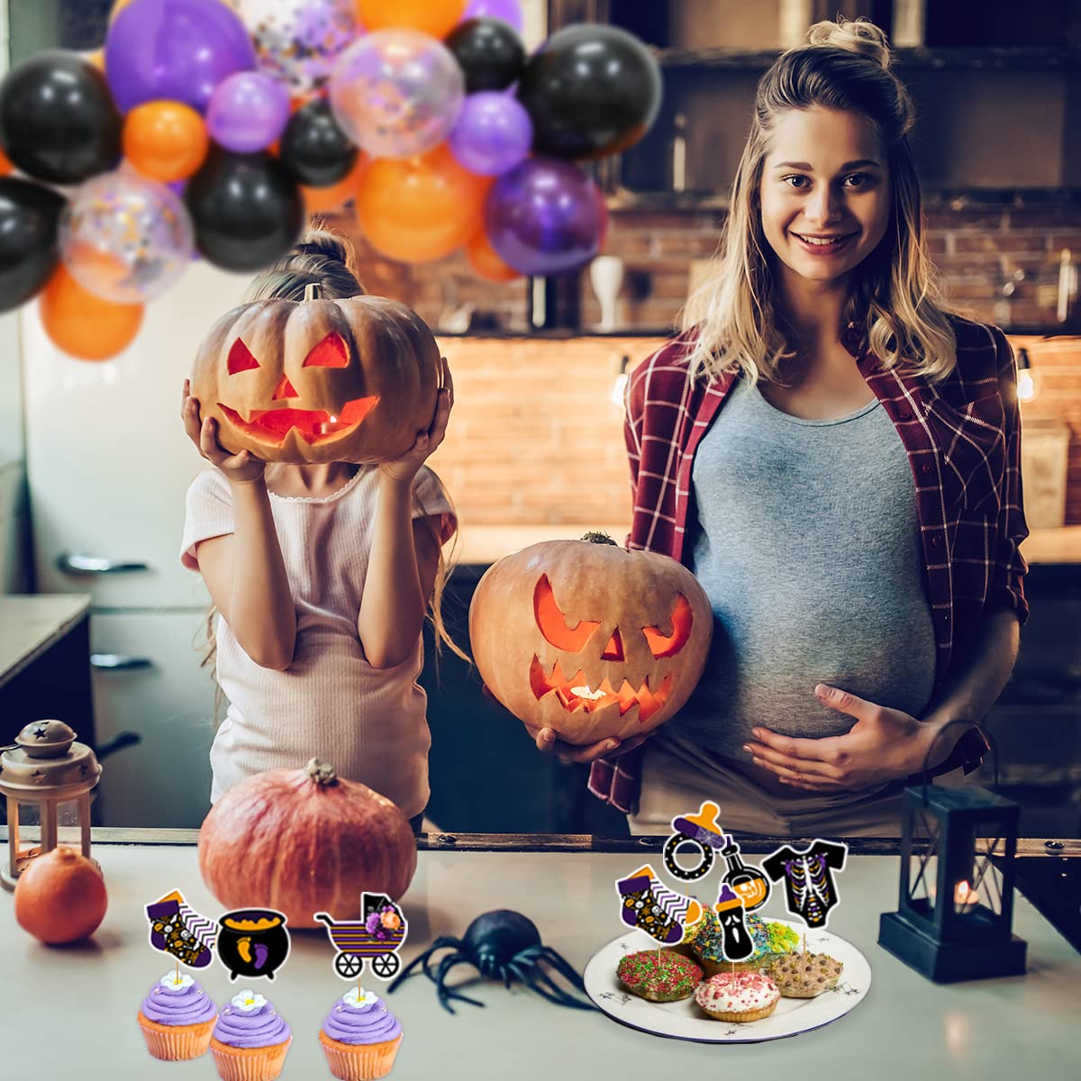 Halloween Balloons Garland Decoration A Baby Is Brewing Balloon Arch Kit Includes a Baby Is Brewing Cake Insert, Background, Spider Web Suitable for Halloween Baby Showers Gender Reveal