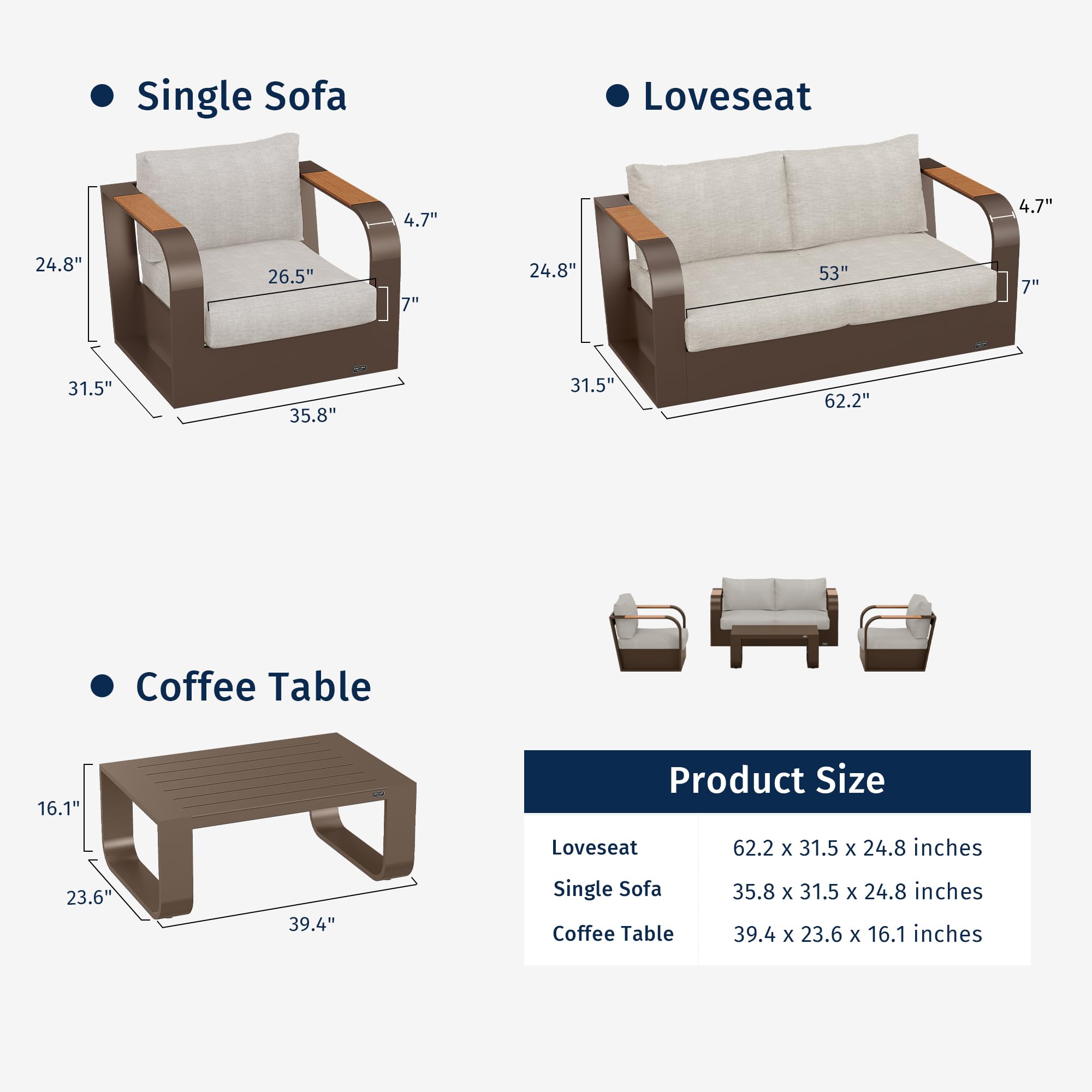 EAST OAK Signature 4 Pieces Patio Furniture Set, Outdoor Furniture with Aluminum Frame, Deep Seating Outdoor Loveseat and Coffee Table, Modern Patio Conversation Set for Lawn and Porch, Coffee & Beige