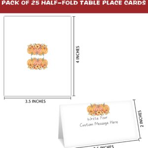 Fall Thanksgiving Table Place Card, 25 Pcs Tent Style Cards Set with Pumpkin and Maple Leaf, Editable Name Cards for Table Seating, Scored for Easy Folding, Food Lables for Autumn Party (01)