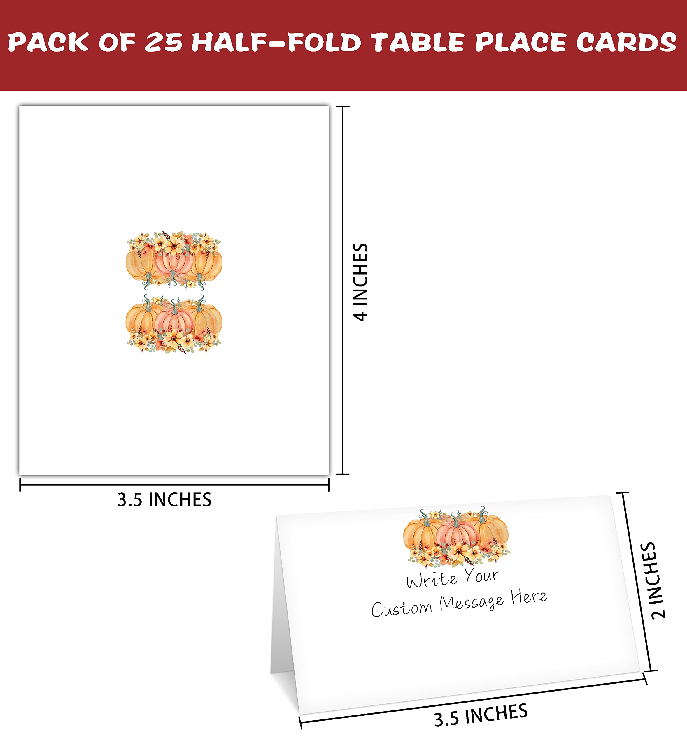 Fall Thanksgiving Table Place Card, 25 Pcs Tent Style Cards Set with Pumpkin and Maple Leaf, Editable Name Cards for Table Seating, Scored for Easy Folding, Food Lables for Autumn Party (01)