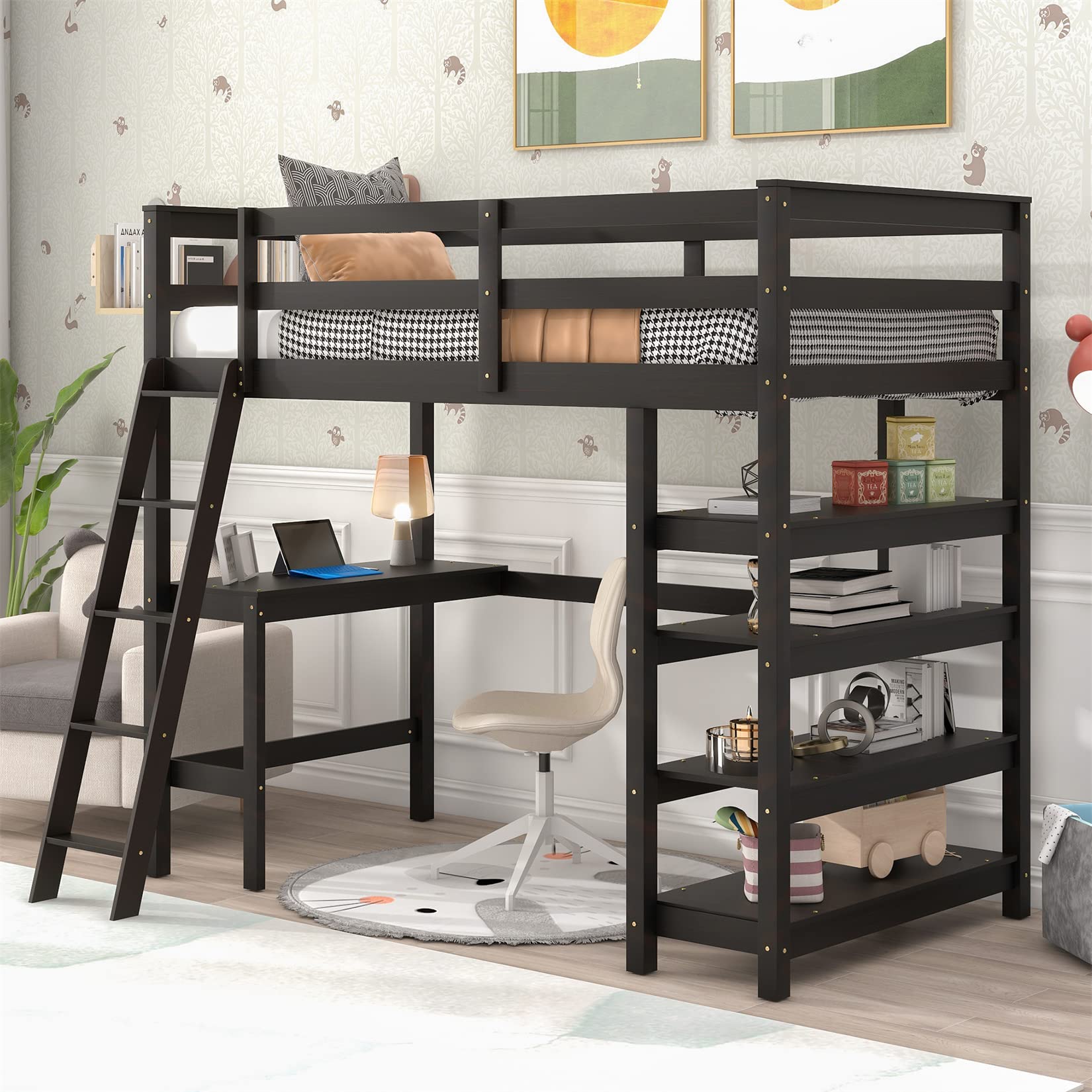 Bellemave Twin Loft Bed with Desk & Shelves for Teens Adults, Wood High Loft Bed Frame with Bookcase & Angle Ladder for Kids Boys Girls, Full-Length Guardrail, Twin Size, Espresso