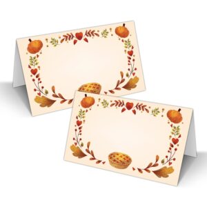 fall thanksgiving table place cards, orange pumpkin blank seating place card for table, 25 pack buffet food tent labels, double design name cards, thanksgiving day party decorations(02)