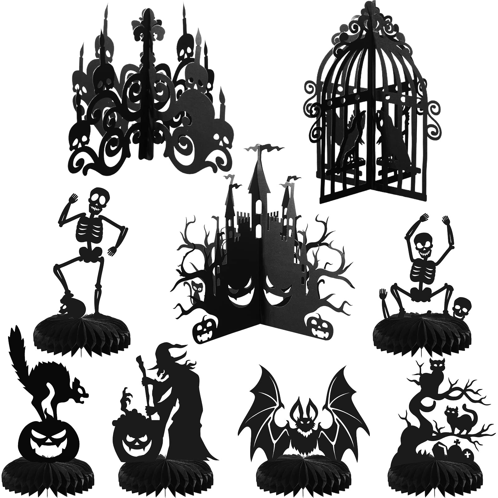 9 Pieces Halloween Honeycomb Centerpiece Happy Halloween Paper Fans Decoration Skull Ghost Pumpkin Witch Bat Cat Birdcage Candlelight 3D Black Silhouette Table Centerpiece for Party Favor Supplies