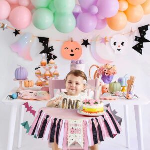 Halloween 1st Birthday High Chair Banner for Girls Pink and Black The Spooky One Birthday High Chair Banner Halloween Theme First Birthday Party Highchair Pumpkin Garland Halloween Party Decorations