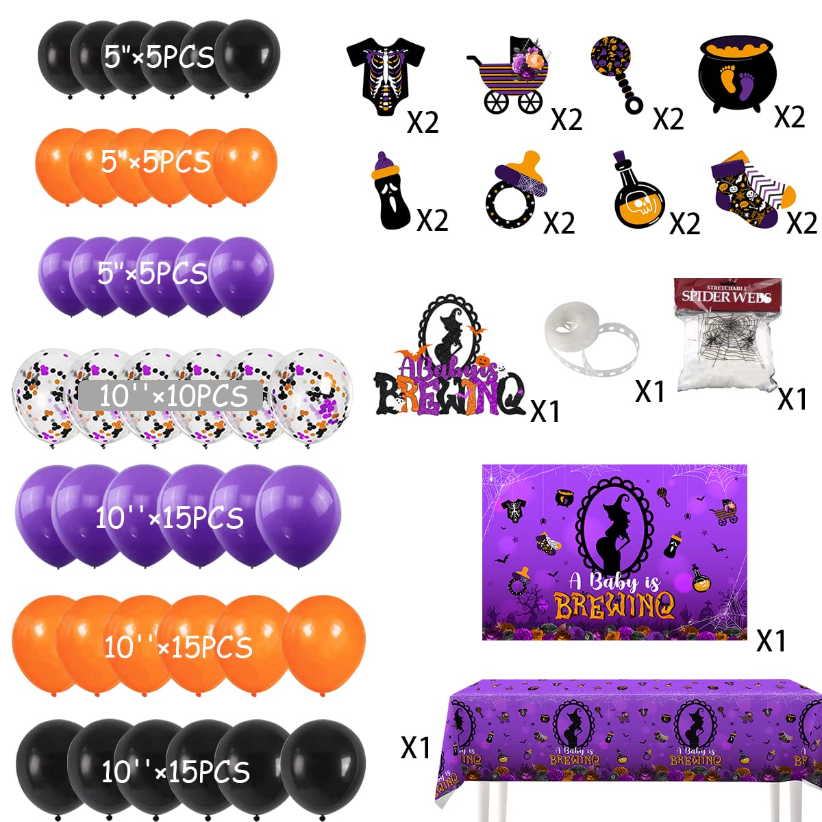 Halloween Balloons Garland Decoration A Baby Is Brewing Balloon Arch Kit Includes a Baby Is Brewing Cake Insert, Background, Spider Web Suitable for Halloween Baby Showers Gender Reveal