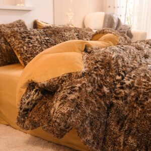 Mengersi Leopard Print Duvet Cover Set Shaggy Fluffy Duvet Cover Set,Luxury Ultra Soft Crystal Velvet Duvet Cover,Faux Fur Quilt Cover with Pillow Shams,Zipper Closure Queen Size