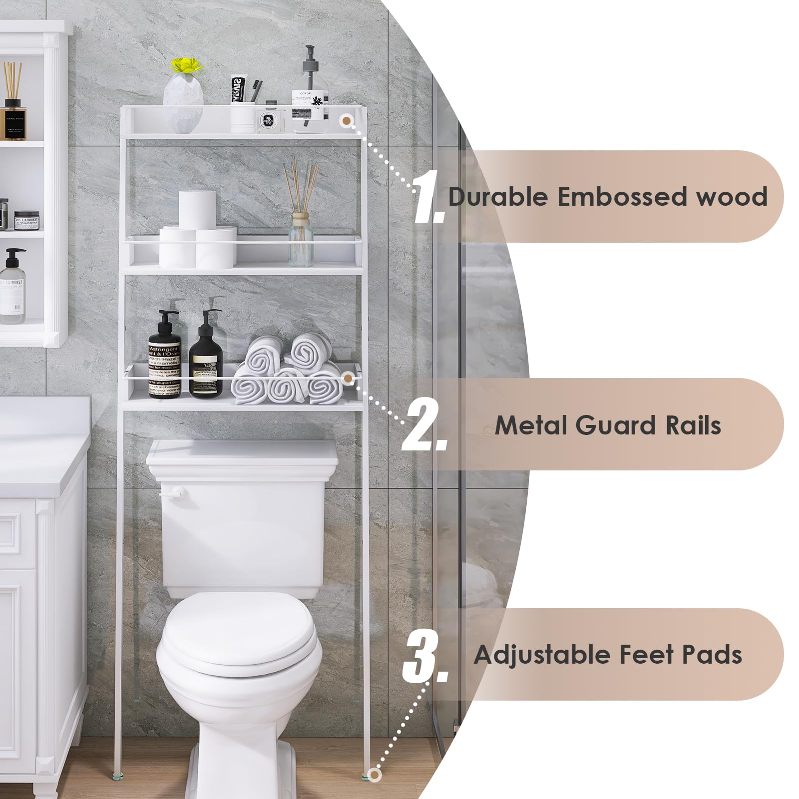 Three Capreolus 3-Tier Over The Toilet Storage, Bathroom Organizer with Safety Rails & Anti-Tilt Device, Wooden Multifunctional Space Saver, Bathroom Shelves Above Toilet, Ladder Shelf (White)