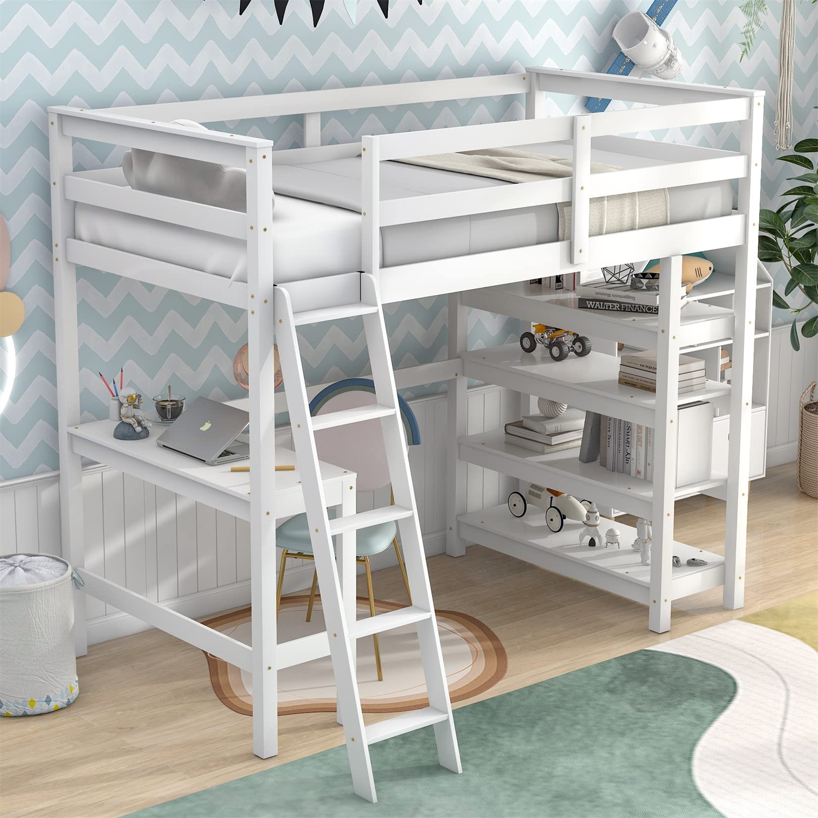 Bellemave Twin Loft Bed with Desk & Shelves for Teens Adults, Wood High Loft Bed Frame with Bookcase & Angle Ladder for Kids Boys Girls, Full-Length Guardrail, Twin Size, White