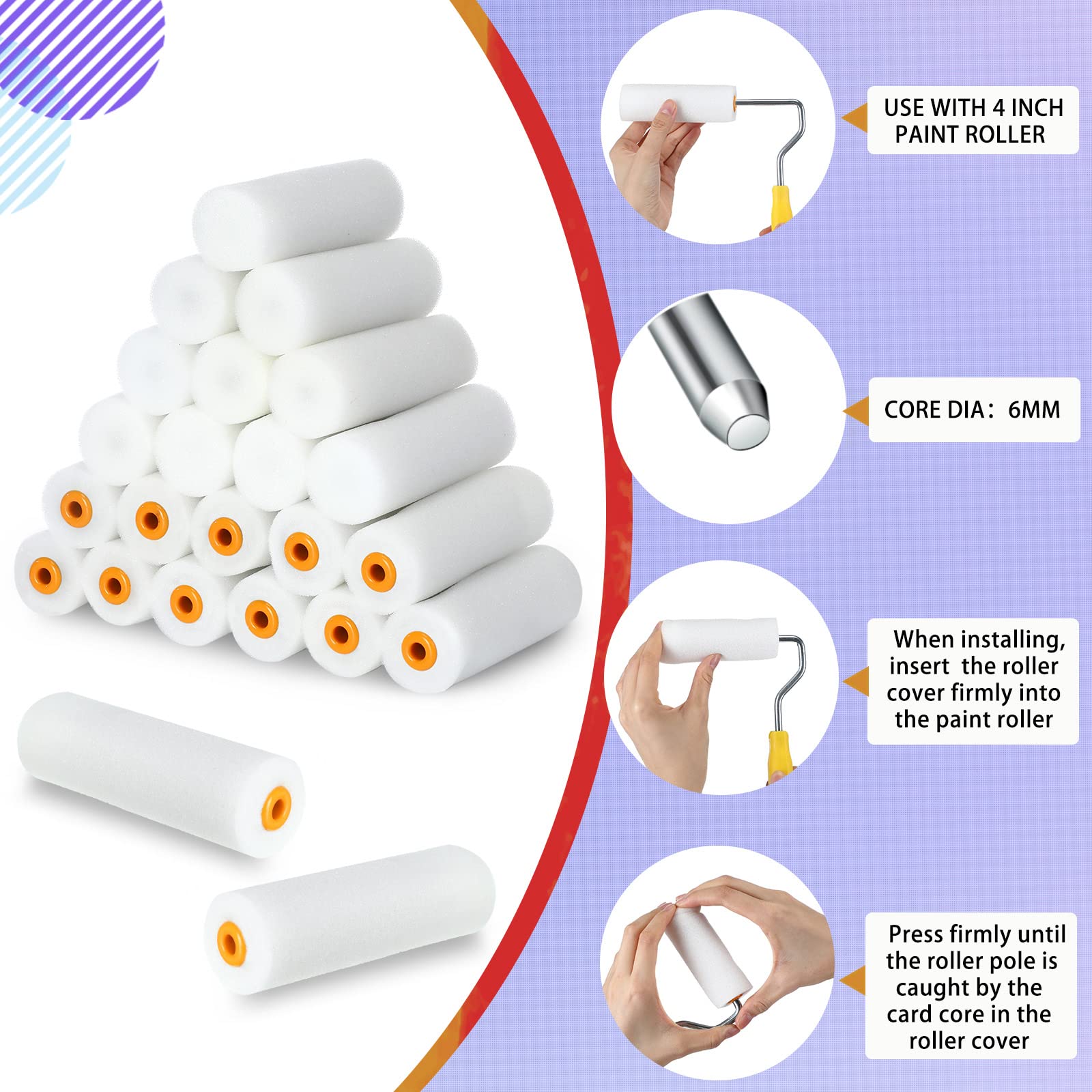 Nuogo 40 Pcs Foam Paint Roller Covers 4 Inch Small High Density Paint Roller Mini House Paint Rollers for Painting Wall Ceiling Cabinet Cupboard Door, White