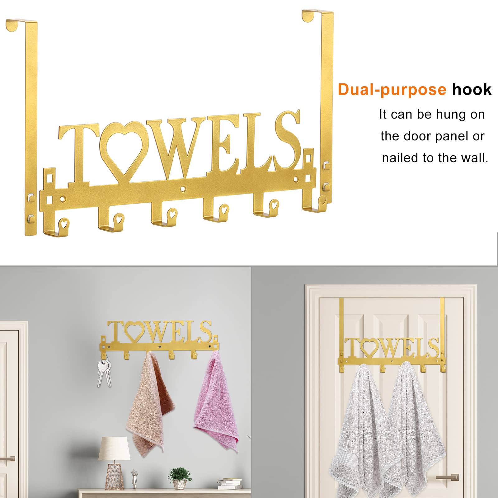 WeeksEight Over The Door Towel Rack, Metal Bath Towel Holder Hanger for Bathroom Bedroom Door Hanging Towels Bathrobe Robe, Towel Hooks for Bathrooms (6 Hooks Gold)