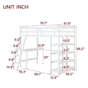 Bellemave Twin Loft Bed with Desk & Shelves for Teens Adults, Wood High Loft Bed Frame with Bookcase & Angle Ladder for Kids Boys Girls, Full-Length Guardrail, Twin Size, White