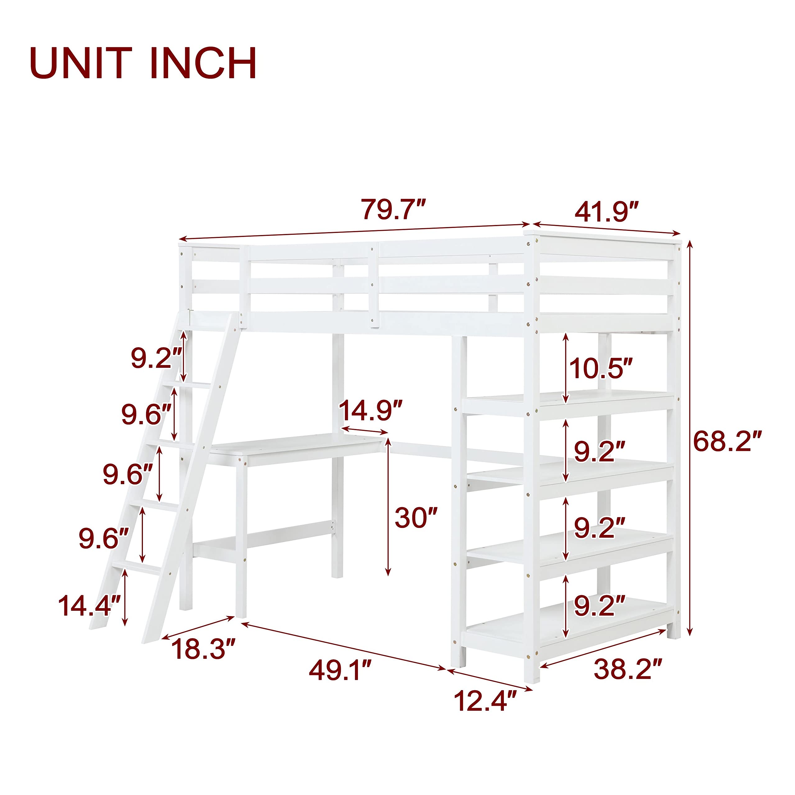 Bellemave Twin Loft Bed with Desk & Shelves for Teens Adults, Wood High Loft Bed Frame with Bookcase & Angle Ladder for Kids Boys Girls, Full-Length Guardrail, Twin Size, White