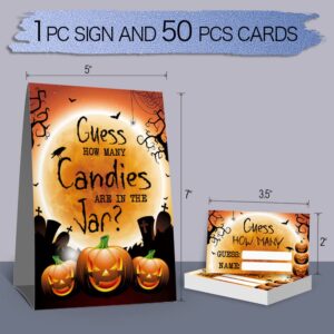 Halloween Guess How Many Candies Baby Shower Party Game Cards, Funny Pumpkin Orange Party Raffle Ticket, Gag Activities Party Decorations Game Cards Kit (1 Standing Sign + 50 Guessing Cards)