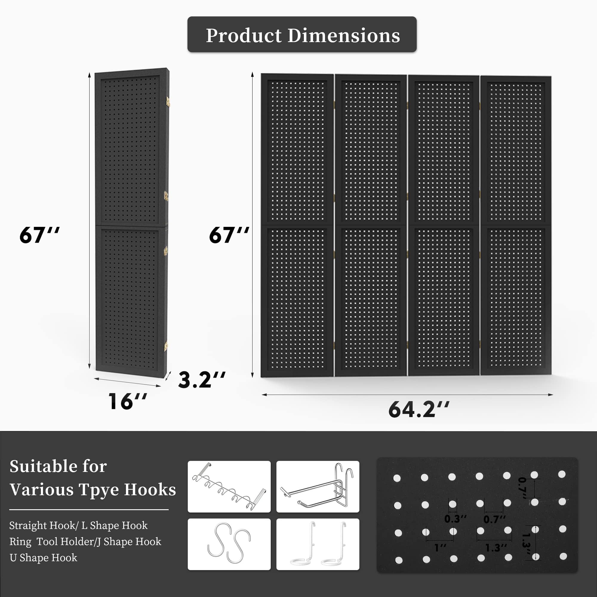 DURASPACE 4 Panel Room Divider 5.6 FT Pegboard Display Folding Wood Privacy Screen Pegboard Stand Organizer for Jewelry, Craft, Cloth, Art Display (Black)