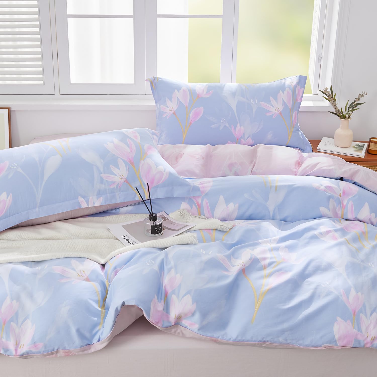 SAPHREAS Queen Size Floral Duvet Cover Set 3pcs Cotton Blue Pink Orchid Flower Printed Bedding Comforter Cover Set 100% Cotton 1 Quilt Cover 90"x90" 2 Pillow Shams(No Comforter)