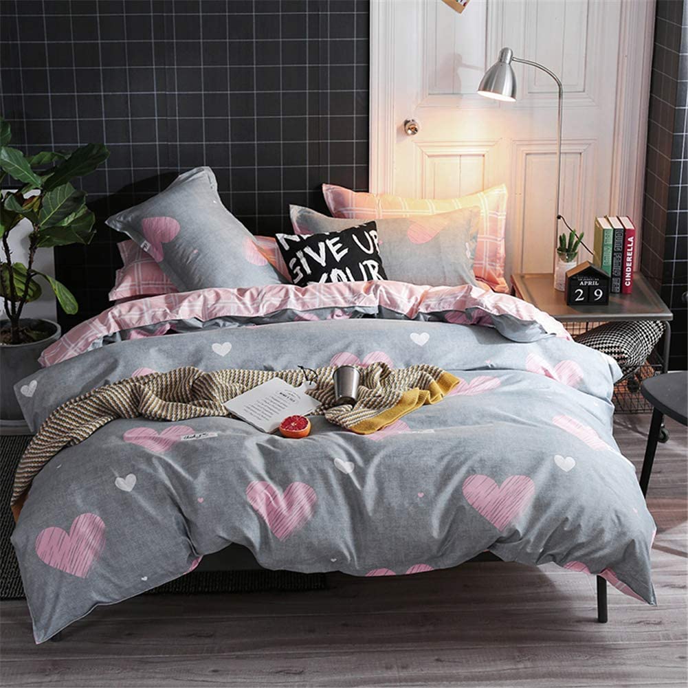 Koudi Kids Girls Duvet Cover Set Full Pink/Grey Reversible Soft Microfiber Bedding Set Sweet Heart and Pink White Plaid Bedroom Comforter Cover for Teen Girls 3pcs