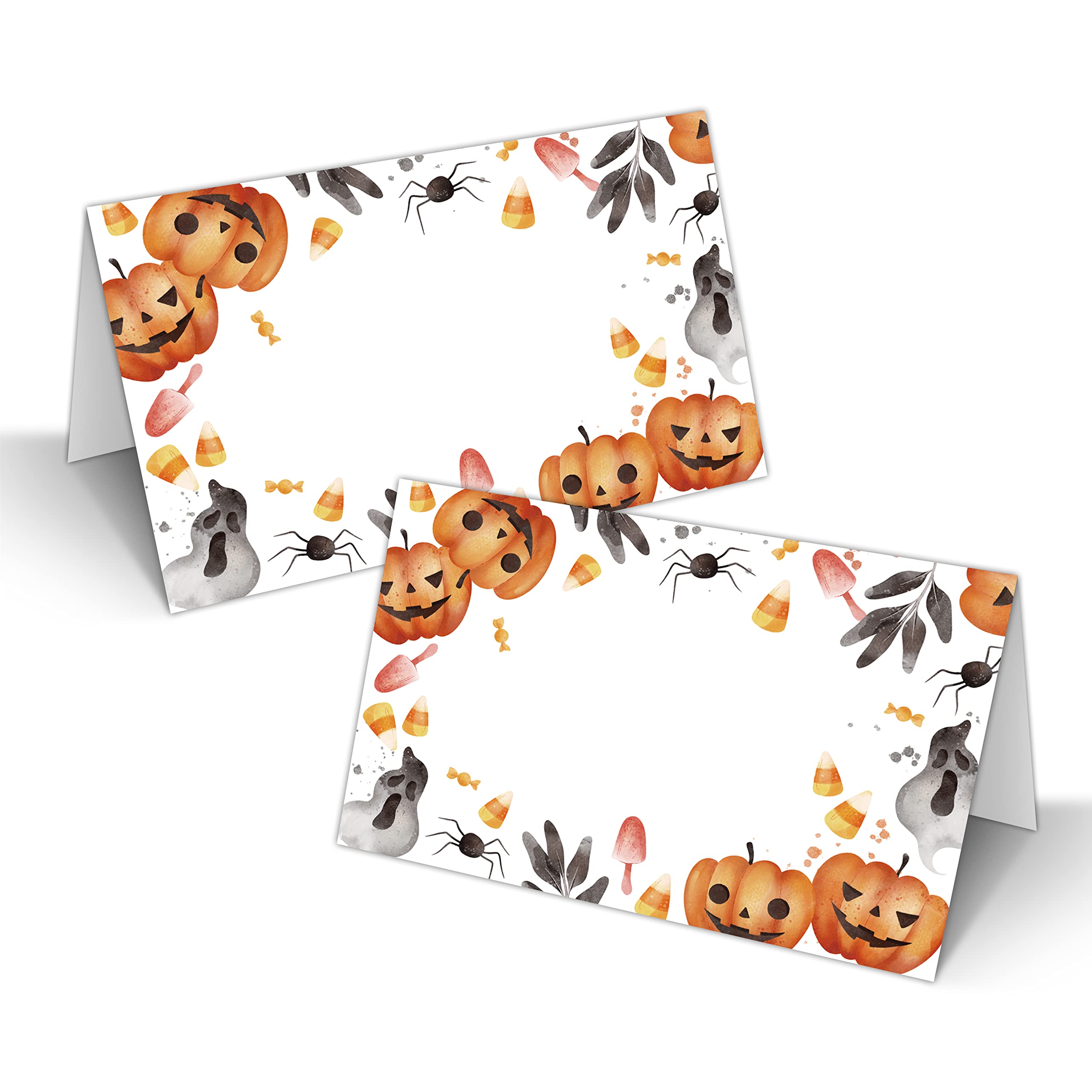 Halloween Table Place Cards, Blank Seating Place Card for Table, 25 Pack Buffet Food Tent Labels, Double Design Name Cards, Scored for Easy Folding, Halloween/Thanksgiving Party Decorations(04)