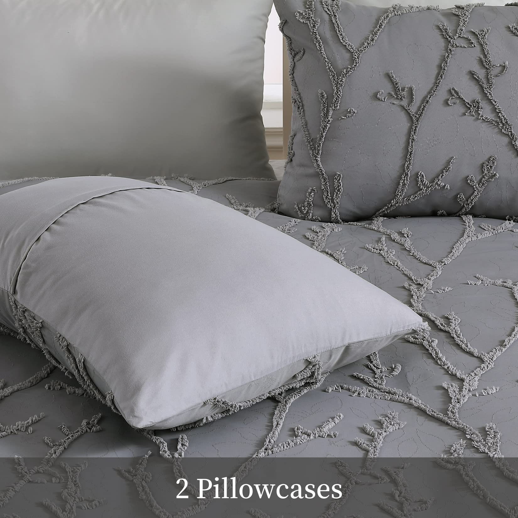 GlowSol Grey Duvet Covet Set Branches Jacquard Tufted Pattern, 3 Pieces Bedding Set Super Soft Embroidery Shabby Chic Bedding Duvet Cover, 90"×90" + 20"×26"×2