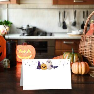 Halloween Table Place Card, 25 Pcs Tent Style Cards Set with Pumpkin and Ghost, Editable Name Cards for Table Seating, Scored for Easy Folding, Food Lables for Halloween Party (01)